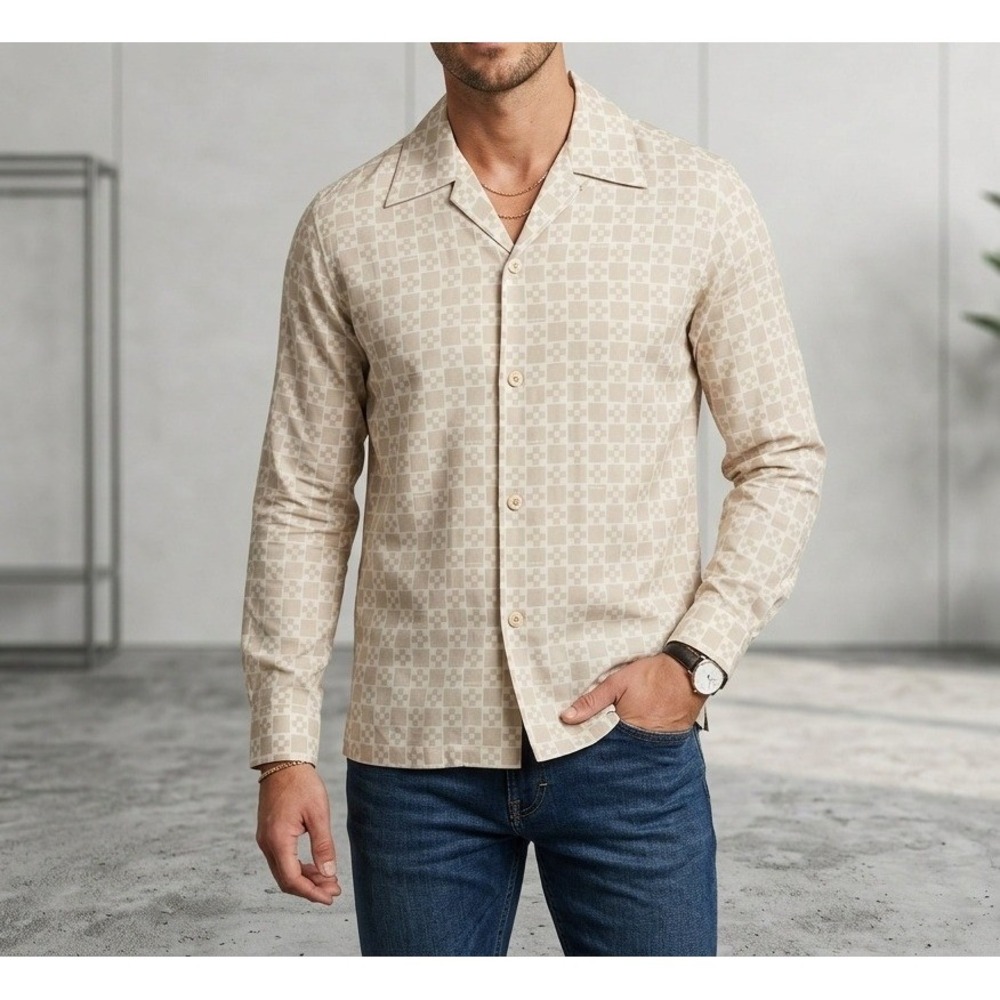 Sandro Paris Mens H22CROSS Beige Ecru Geometric Print Viscose Shirt XL NEW